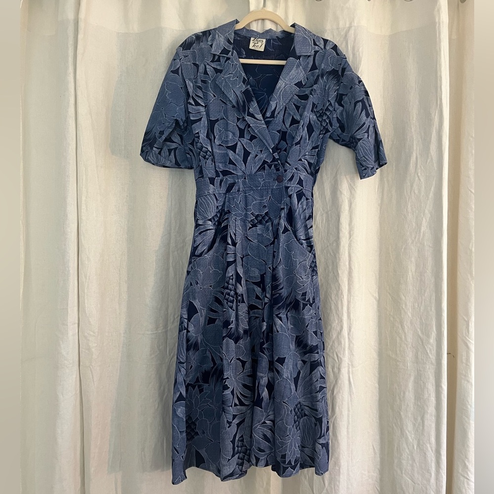 Vintage 80s Byer Too Tropical Blue Dress M